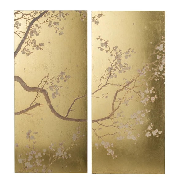 Framed 21.3 in. x 47.2 in. Gold Set of 2 Cherry Blossom Wall Art Panels, Wall Decor for Living Room Office Bedroom