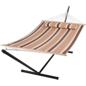12 ft. Free Standing, 475 lbs. Capacity, Heavy-Duty 2-Person Hammock with Stand and Detachable Pillow in Brown Stripe