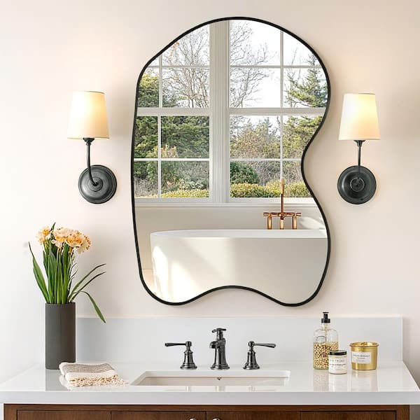 28 in. W x 39 in. H Irregular Black Aluminum Alloy Framed Asymmetrical Wall Mirror