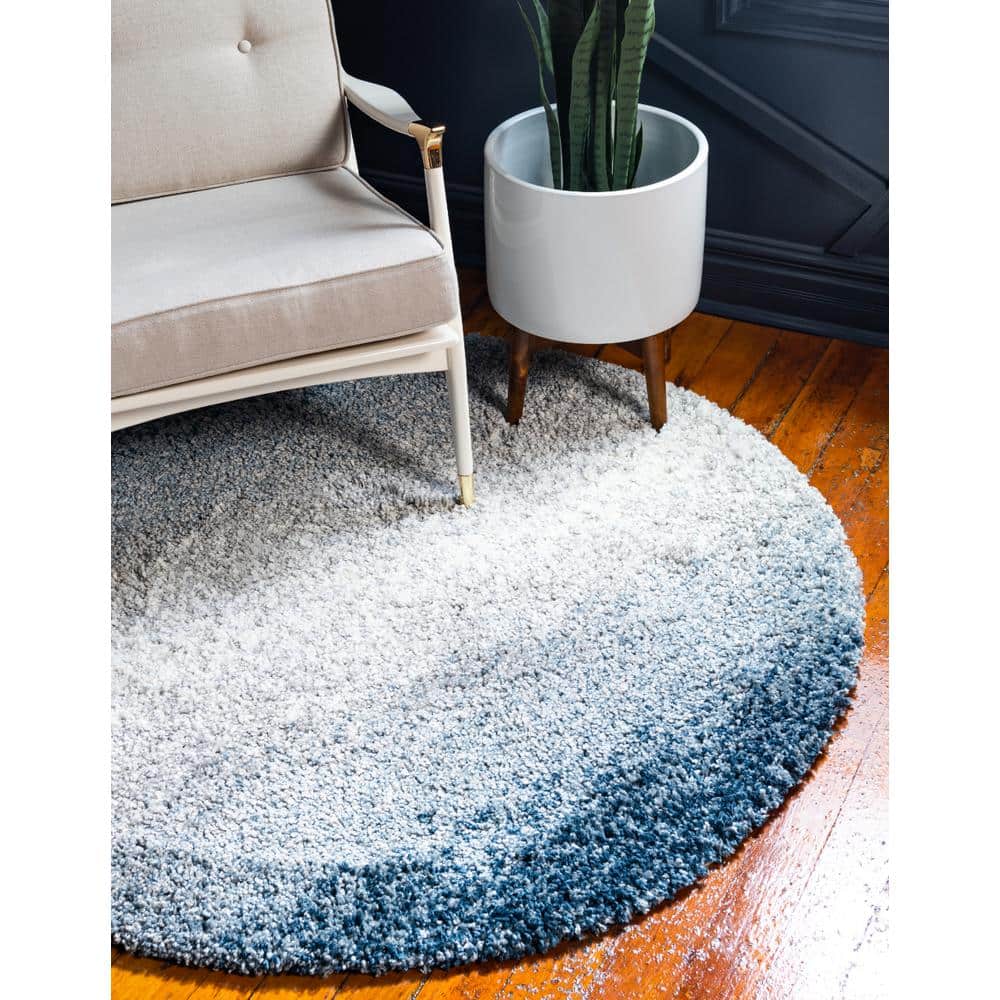 Luxurious Handmade Blue Geometric Shag Round Rug, 5' Diameter
