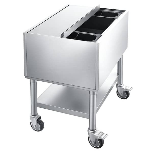 NSF Stainless Steel Commercial Ice Bin Cart 65.1 qt. w/ Sliding Lid Bottle Holder 24x19x35 in. Freestanding Single Bowel