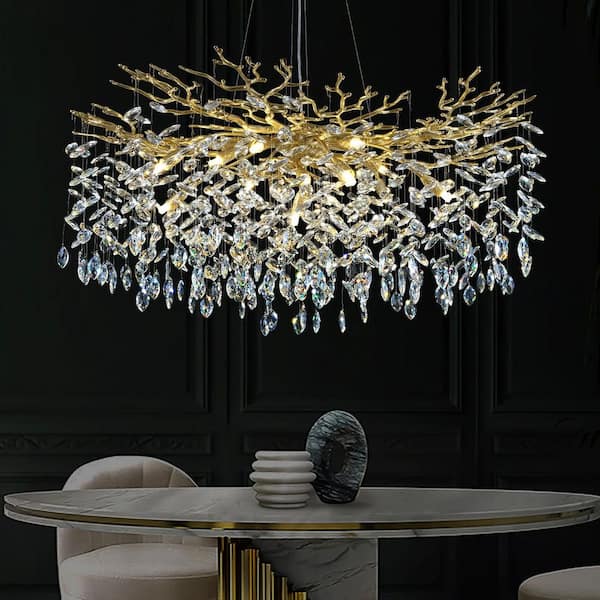 14 lights 40 inches Dimmable Crystal Gold Chandelier, Large Crystal Chandelier for Living Room, High Ceiling, Foyer