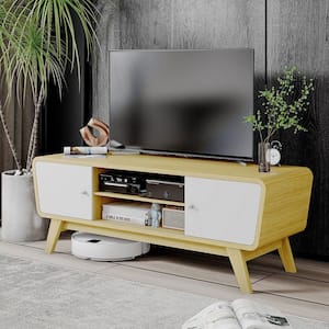 47 in. W Natural Mid Century TV Stand for TVs up to 55 in. Media Console Table Sliding Door