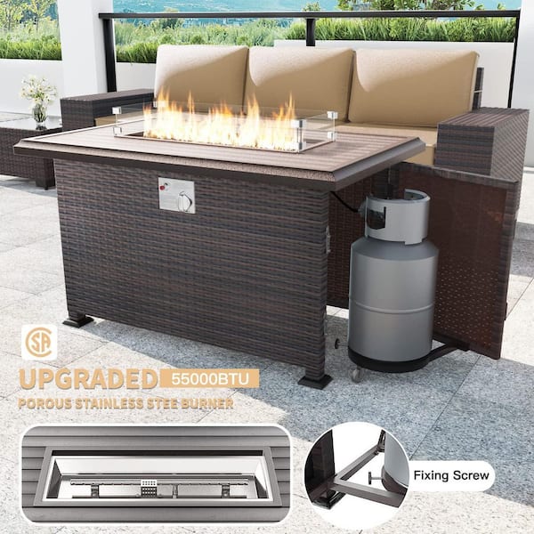 7-Piece Wicker Patio Conversation Set with 55000 BTU Gas Fire Pit Table and Glass Coffee Table and Sand Cushions