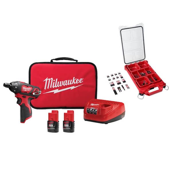 M12 12V 1/4 in. Hex Screwdriver Kit w/ (2) 1. 5Ah Batteries, Charger, Bag with 100-Pc Bit Set w/ PACKOUT