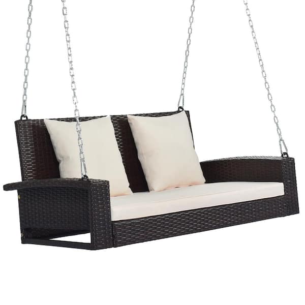 JimsMaison 50.00 in. 2-Person Wicker Hanging Porch Swing with Beige Cushions