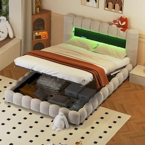Beige Wood Frame Queen Size Linen Upholstered Platform Bed with Hydraulic Storage, LED Lights, USB Port, Inner Shelf