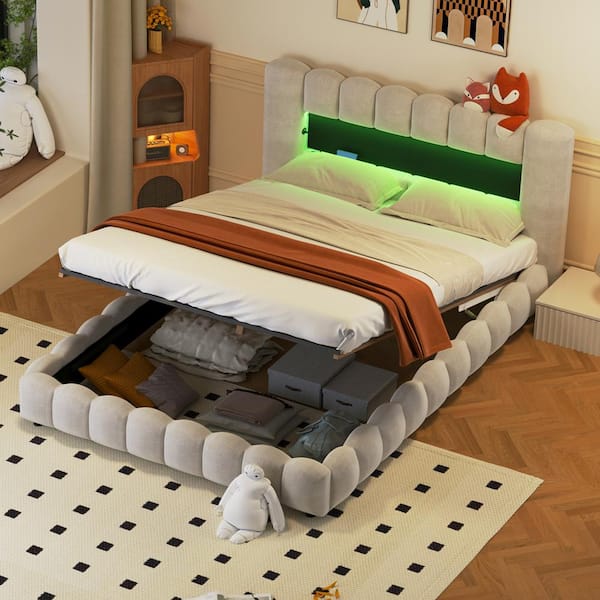 Harper & Bright Designs Beige Wood Frame Queen Size Linen Upholstered Platform Bed with Hydraulic Storage, LED Lights, USB Port, Inner Shelf