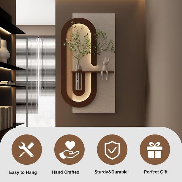 47 in. x 24 in. Light Coffee 3D Art Sculpture Wall Decor with Faux Plant Glass Vase Rabbit Statue Adjustable 3-Color LED