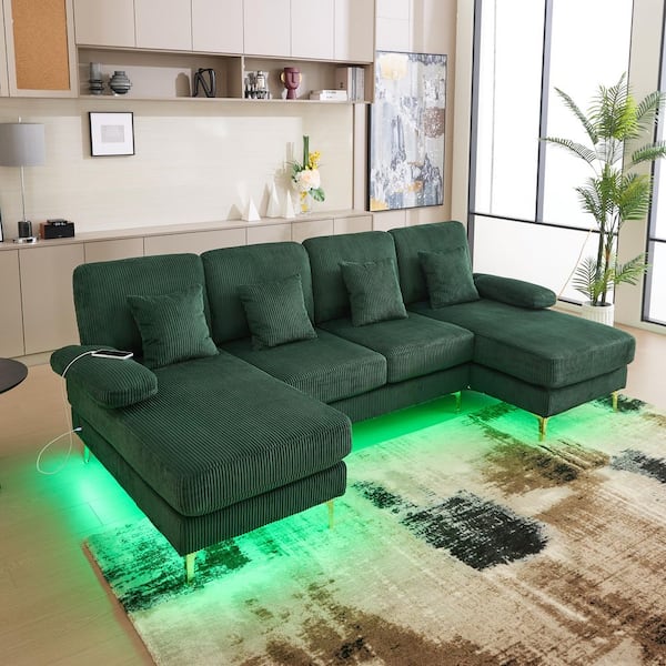 104 in. 4-piece U-Shape Modern Corduroy Upholstered Sectional Sofa with Double Chaises and Lighting System in. Emerald