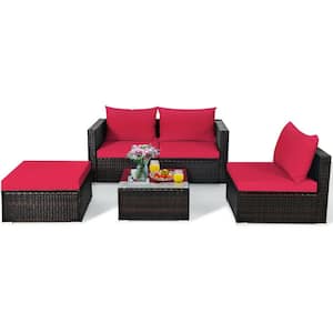 PE Wicker Rattan Outdoor Sectional Sofa with Coffee Table and Red Cushions