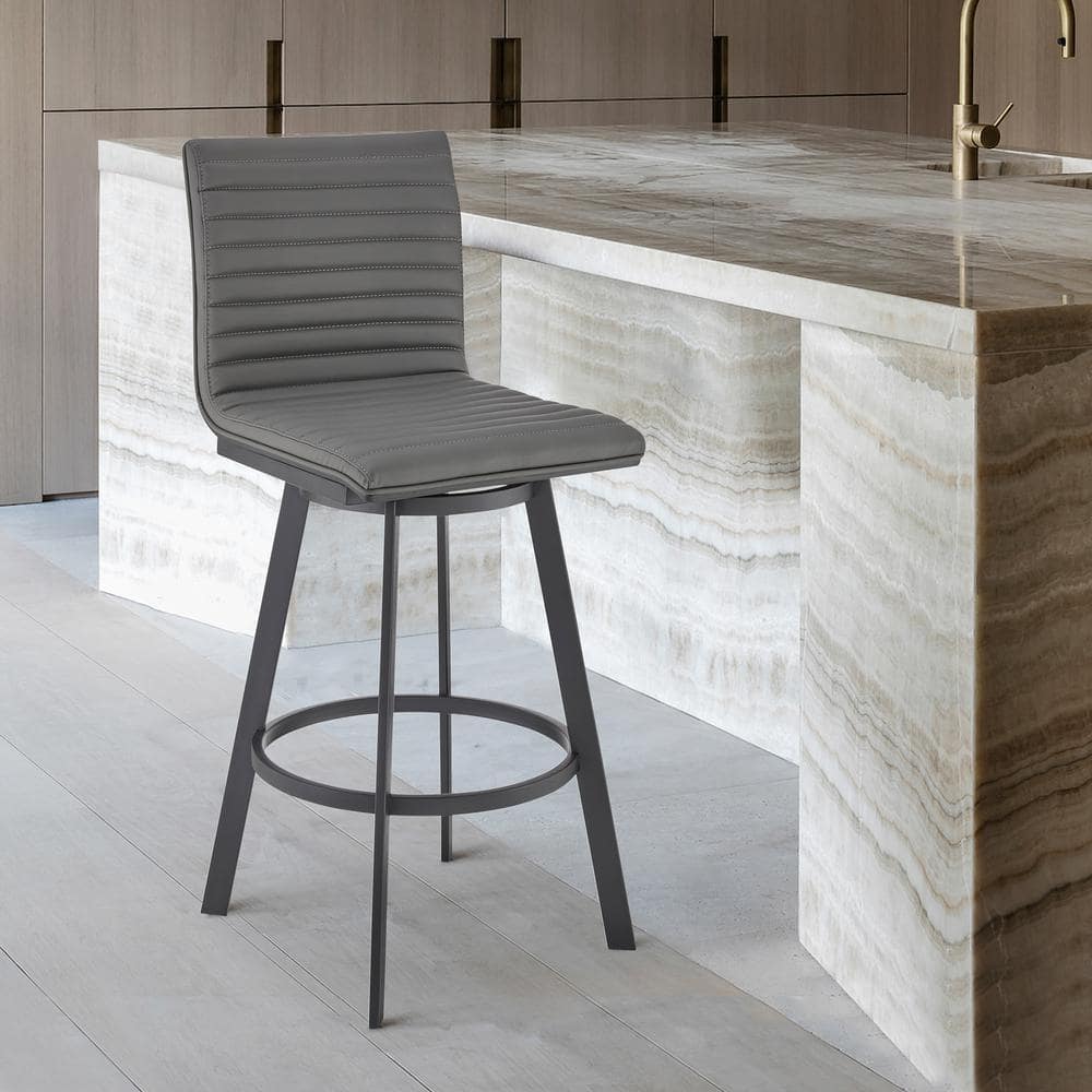 Gray Faux Leather and Matt Black Swivel Bar Stool