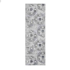 8 ft. Silver and Gray Geometric Medallion Stain Resistant Runner Rug