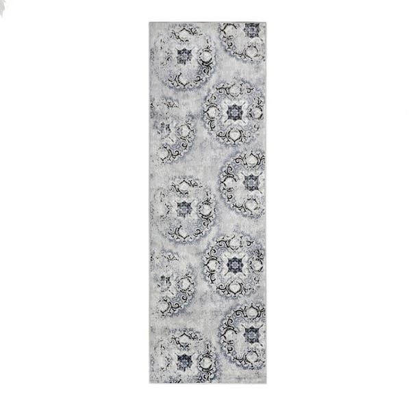 HomeRoots 8 ft. Silver and Gray Geometric Medallion Stain Resistant Runner Rug