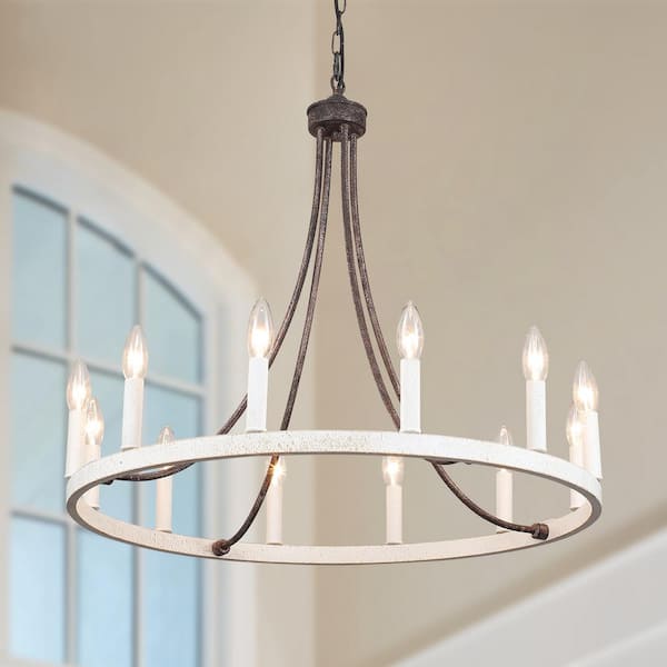 LWYTJO Loene 12-Light Antique Brown/White Farmhouse Candle Style Dimmable Wagon Wheel Chandelier for Living Room Kitchen Island