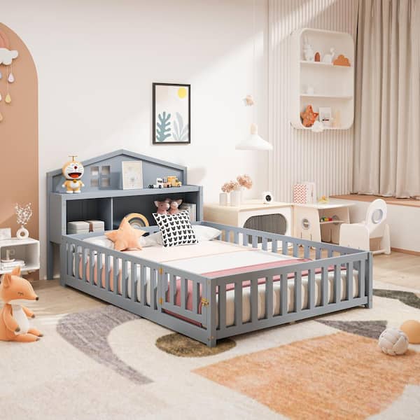 Unbranded Gray MDF Frame Full Size Platform Bed with Bookcases, Blackboards, Guard Rails and Storage Headboards for Kids