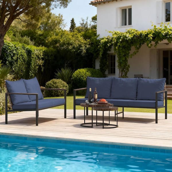 3-Piece Natural PE Rattan Wicker Outdoor Sectional Sofa Set with Blue Washable Cushions and a Teatoy Table