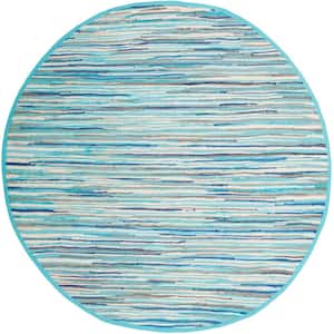 Rag Rug Turquoise/Multi 4 ft. x 4 ft. Round Striped Fleck Area Rug