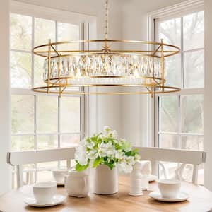 Modern 6-light Vintage Gold Chandelier with Hand-made Crystal for Living Room, Contemporary Glam Drum Ceiling Light