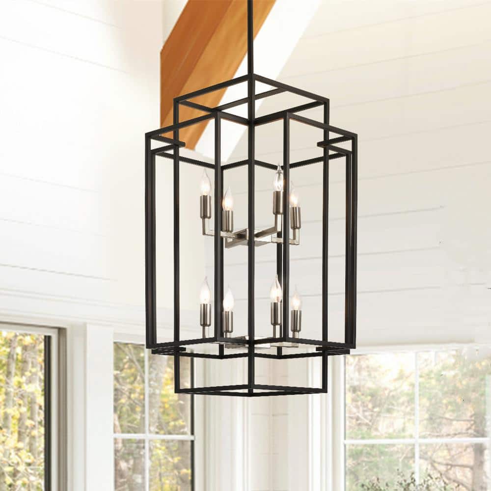 Magic Home 12-Light Lantern Tiered Island Hall Foyer Hanging Chandelier Living Room Pendant, Black and Gold