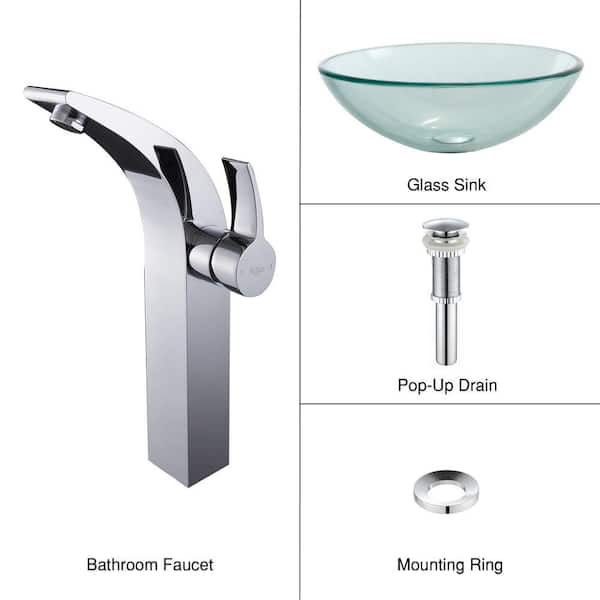 KRAUS Glass Vessel Sink in Clear with Illusio Faucet in Chrome