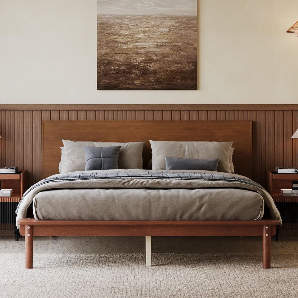 Walnut/Brown MDF Wood Frame Queen Size Platform Bed with Subtly Angled Headboard