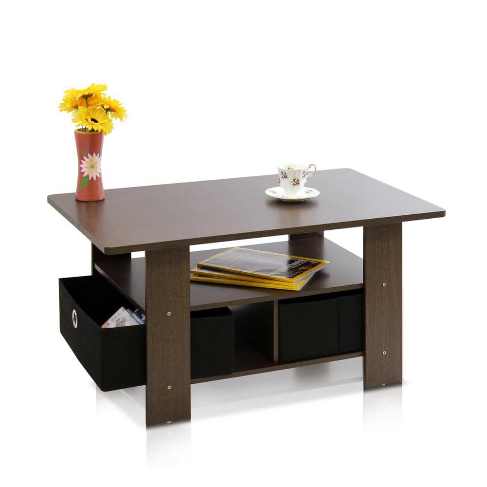 Compact Dark Brown Laminated Engineered Wood Coffee Table with Storage Bins