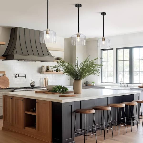 Modern 1-Light Black Pendant Light for Kitchen Island, Minimalistic Gold Pendant Lamp with Dome Clear Glass Shade