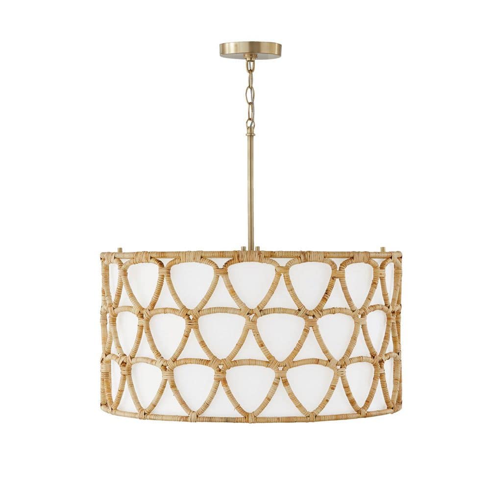 Tulum 24.5 in. W x 24 in. H 4-Light Pendant in Matte Brass with White Fabric Shade and Hand-Wrapped Natural Rattan price history on PriceWatchPro