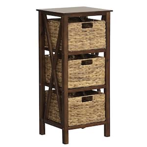 Walnut and Natural 31.5 in. H Storage Cabinet with 3 Seagrass Baskets Rubber Wood X-Shaped Frames 3 Drawers
