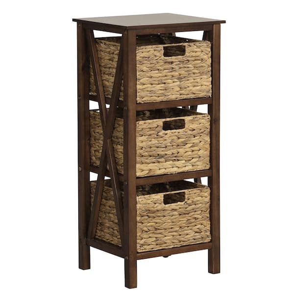 Costway Walnut and Natural 31.5 in. H Storage Cabinet with 3 Seagrass Baskets Rubber Wood X-Shaped Frames 3 Drawers