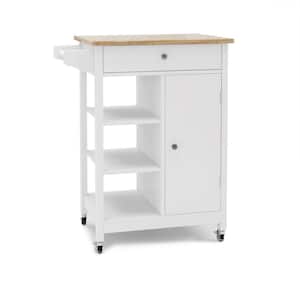 White Rubber Wood 25.98 in. Kitchen Island Rolling Trolley Cart with Adjustable Shelves and Towel Rack