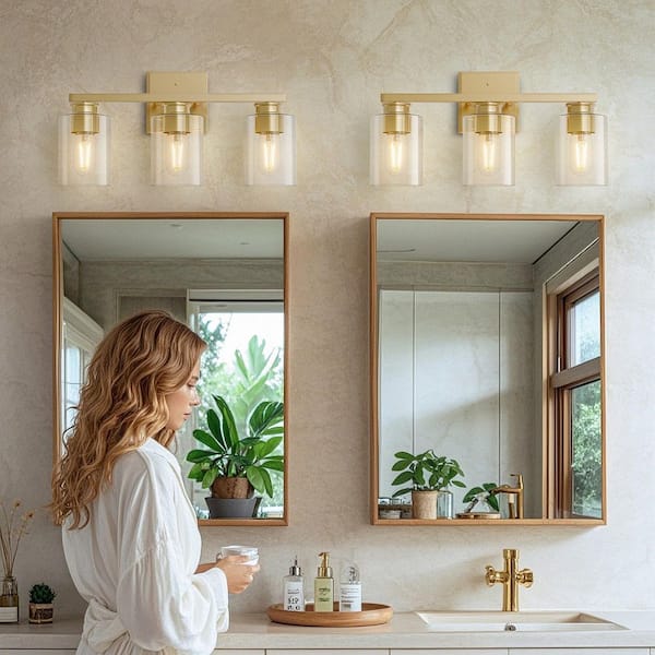 18 in. 3-Light Gold Vanity Light with Cylinder Clear Glass Shades for Vanity, Powder Room or Dressing Room