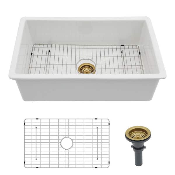 30 in. Undermount Sink Single Bowl White Fireclay Kitchen Sink with Bottom Grid and Drain Assembly