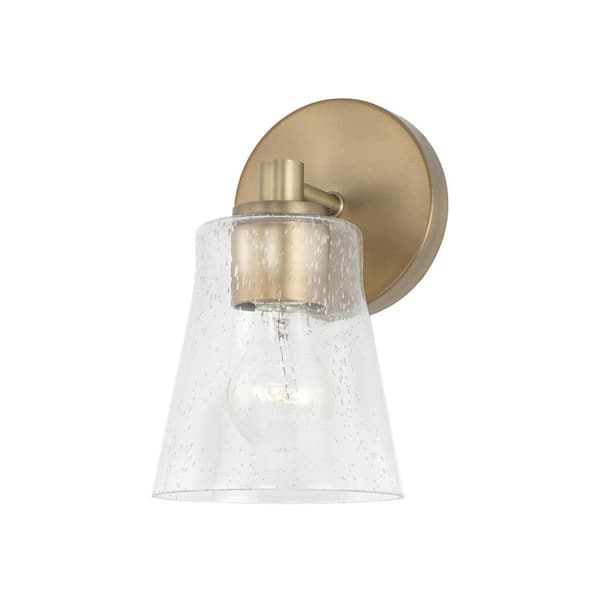 Baker 5.5 in. 1-Light Sconce in Aged Brass with Clear Seeded Glass