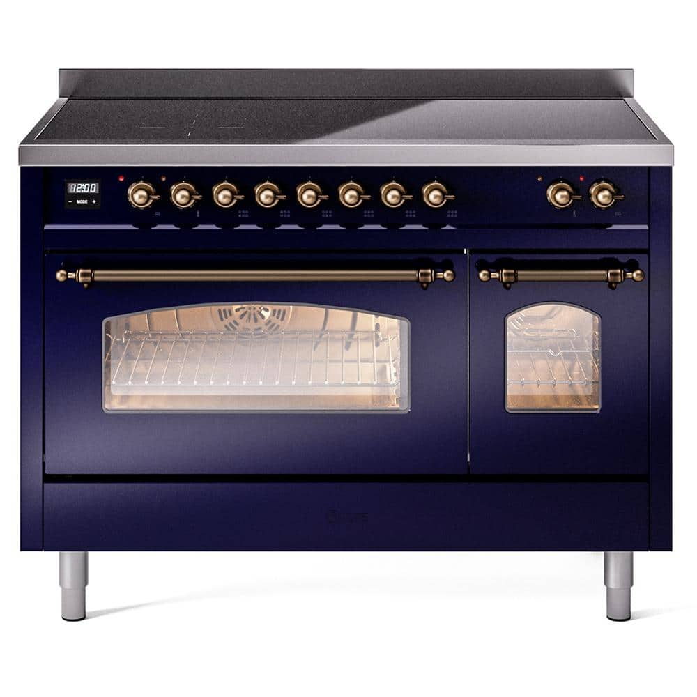 Nostalgie 48 in. 6 Zone Freestanding Double Oven Induction Range in Midnight Blue with Bronze Trim -  ILVE, UPI486NMPMBB