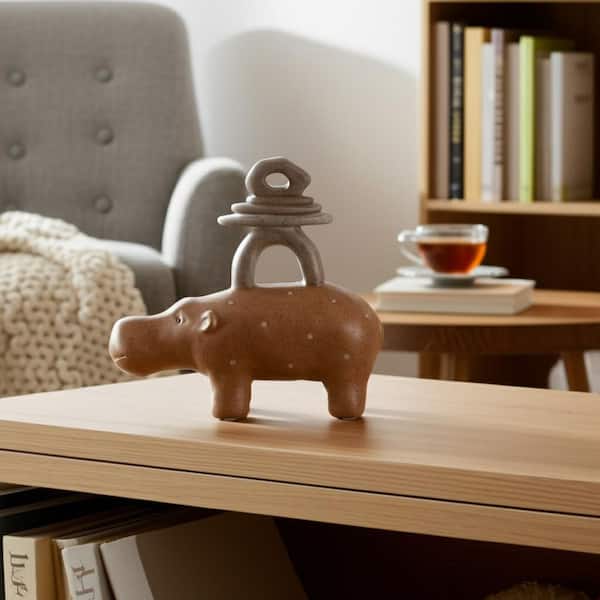 Beige 8 in. x 8 in. Resin Hippo With Stacked Stones Figurine