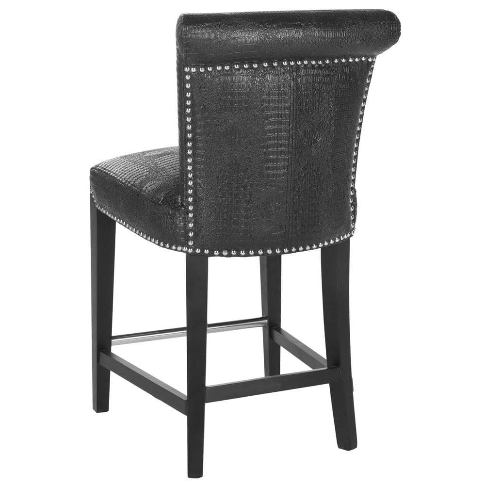 Transitional Birchwood Black Leather Counter Stool with Crocodile Pattern
