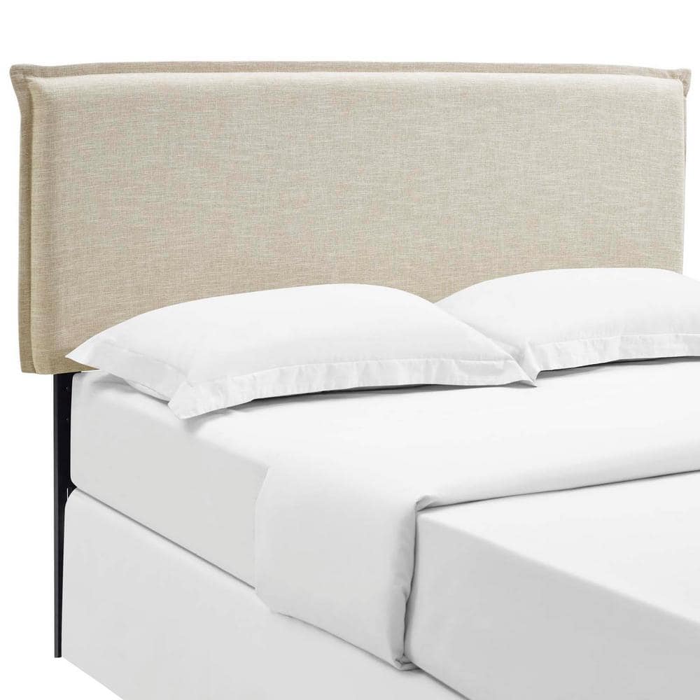 Beige Linen Upholstered Queen Headboard with French Piping