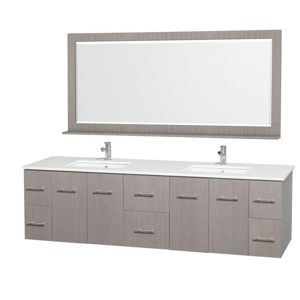 Wyndham Collection Centra 80 in. Double Vanity in Grey Oak with Man-Made Stone Vanity Top in White and Square Porcelain Undermounted Sinks
