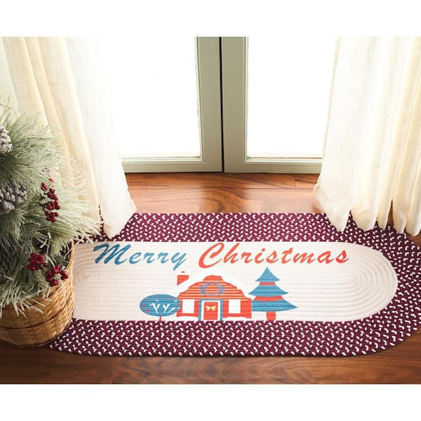 Braided Posters Ivory/Burgundy Red 2 ft. x 3 ft. Machine Washable Merry Christmas House Oval Area Rug