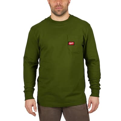Men's Large Olive Green Heavy-Duty Cotton/Polyester Long-Sleeve Pocket T-Shirt