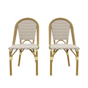 French Bistro Wicker Aluminum Outdoor Patio Armless Dining Chair in Brown and White (2-Pack)