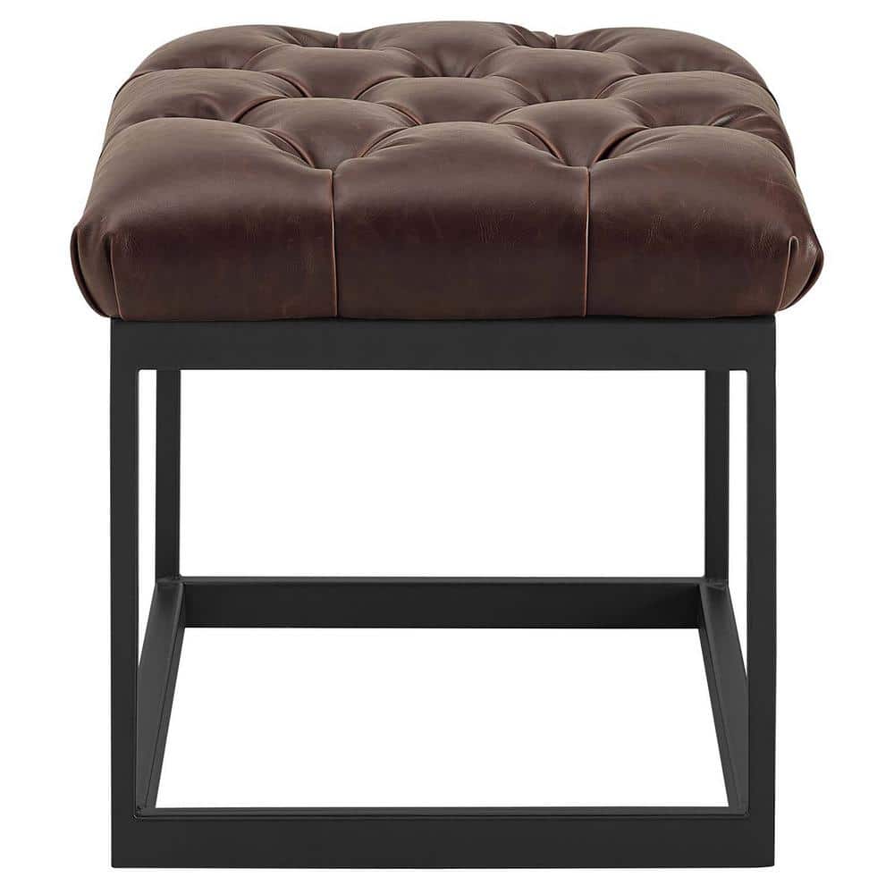 Brown Tufted Faux Leather Ottoman with Black Iron Base