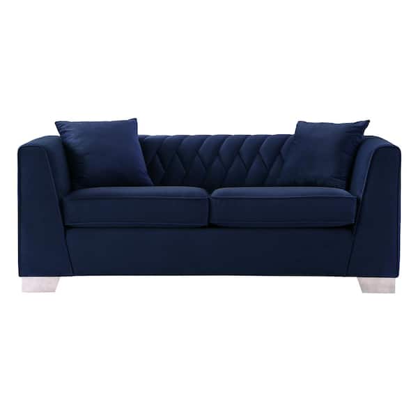 Armen Living Cambridge Blue Velvet Contemporary Brushed Stainless Steel Loveseat