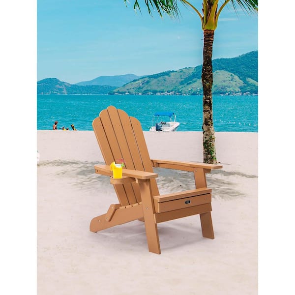 Brown Folding Adirondack Chair with Pull-out Footstool with Cup Holder for Patio Deck Garden