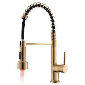 Spring Single Handle Pull Down Sprayer Kitchen Faucet, Modern Kitchen Faucet in Brushed Gold with LED Light