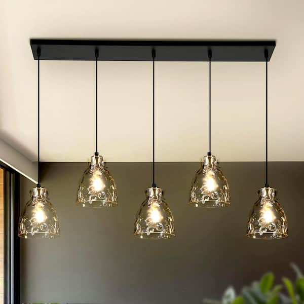 5-Light Black and Gold Linear Chandelier for Kitchen Island with Ripple Glass Shades