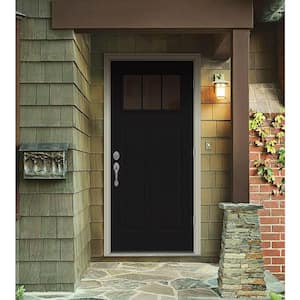 32 in. x 80 in. 3 Lite Craftsman Black Painted Steel Prehung Left-Hand Outswing Front Door w/Brickmould