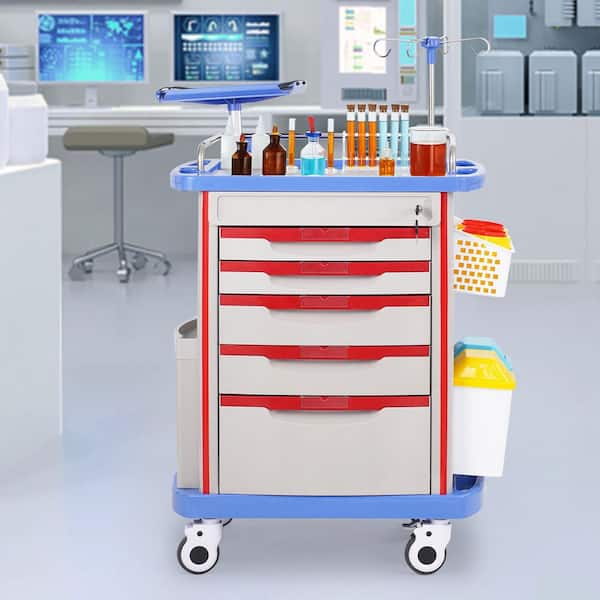 Blue 5-Tiers Lab Carts with 5-Drawers and 4-Silent Wheels, Mobile Medical Cart with PP Material